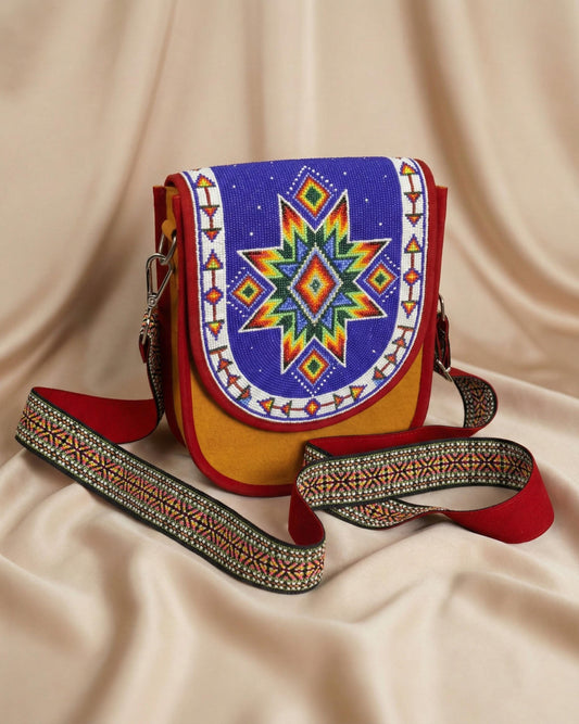 Rainbow Star Beaded White Canvas Crossbody Bag