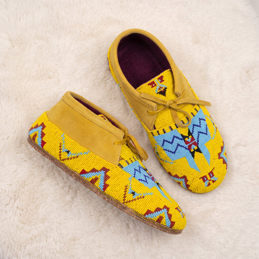 Yellow and Blue Beaded Lace-Up Moccasins for Women