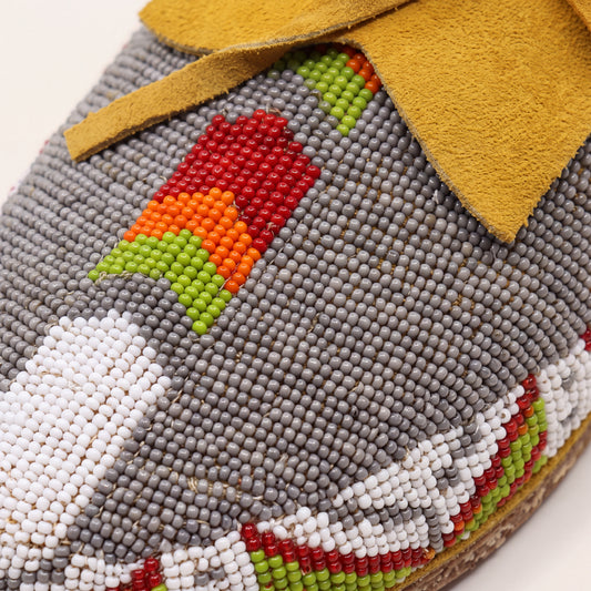 Gray Hand-Beaded Lace-Up Moccasins For Women