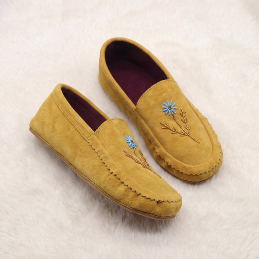 Turquoise Flower Beaded Yellow Suede Moccasins