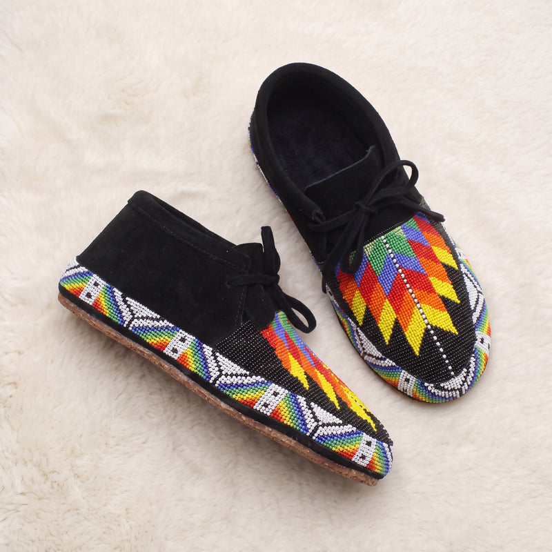 Rainbow Flame Beaded Black Suede Lace-Up Moccasins for Women