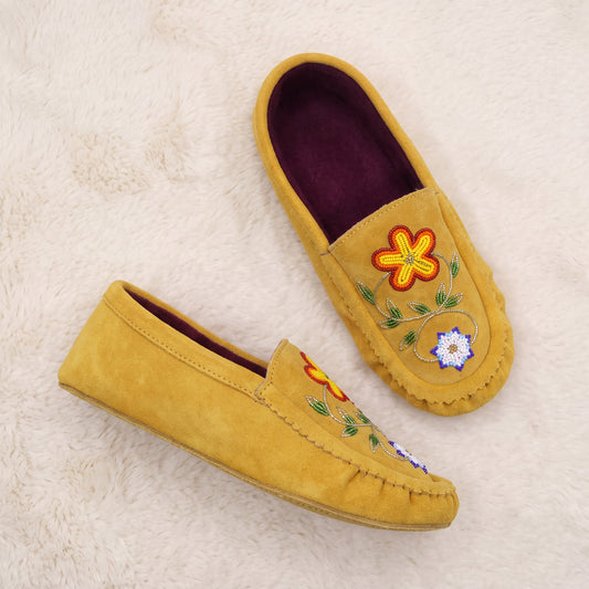 Floral Beaded Suede Slip-On Moccasins with Soft Sole for Women