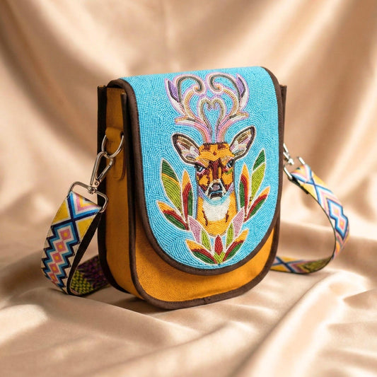 Deer Portrait Beaded Turquoise Canvas Crossbody Bag
