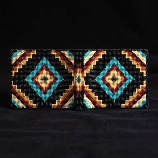 Alternate flat view of black beaded leather wallet with repeating turquoise rust cream and orange diamonds