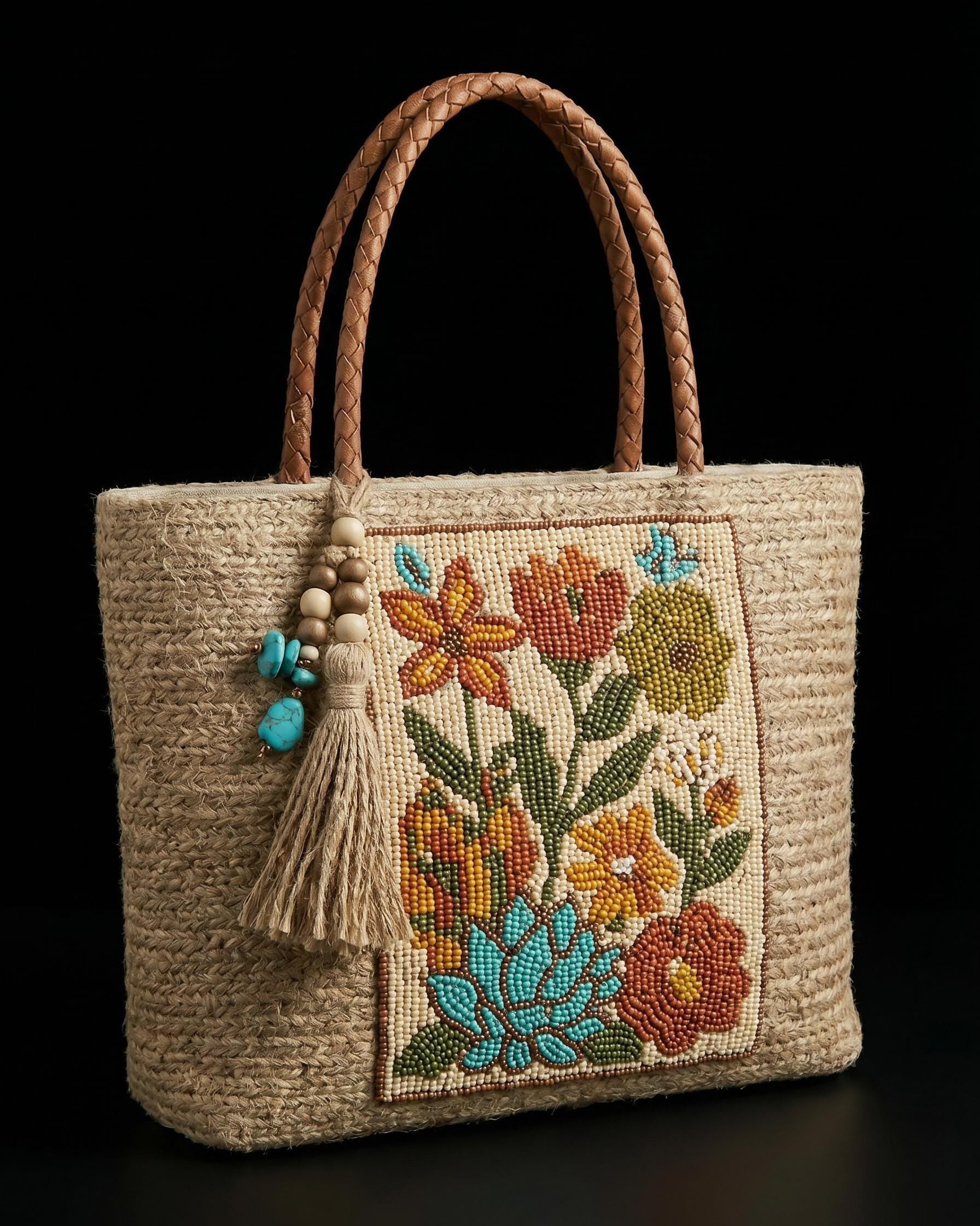 Handmade Floral Jute Tote Bag. Beaded Large Artisan Stylish Fashion Handbag For Women