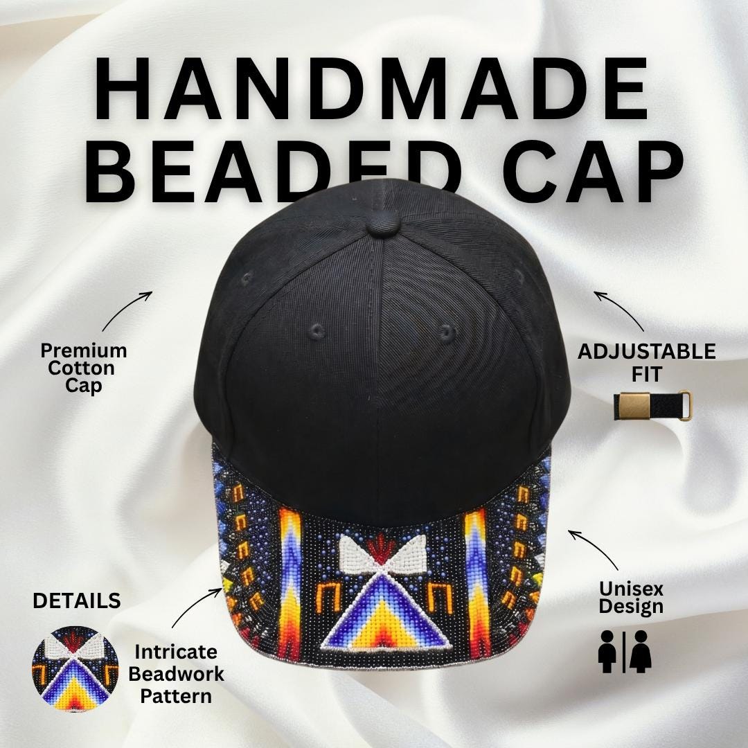 Sacred Fire Beaded Baseball Cap, Handmade Native American Style, Adjustable Unisex Cotton Hat For Men & Women