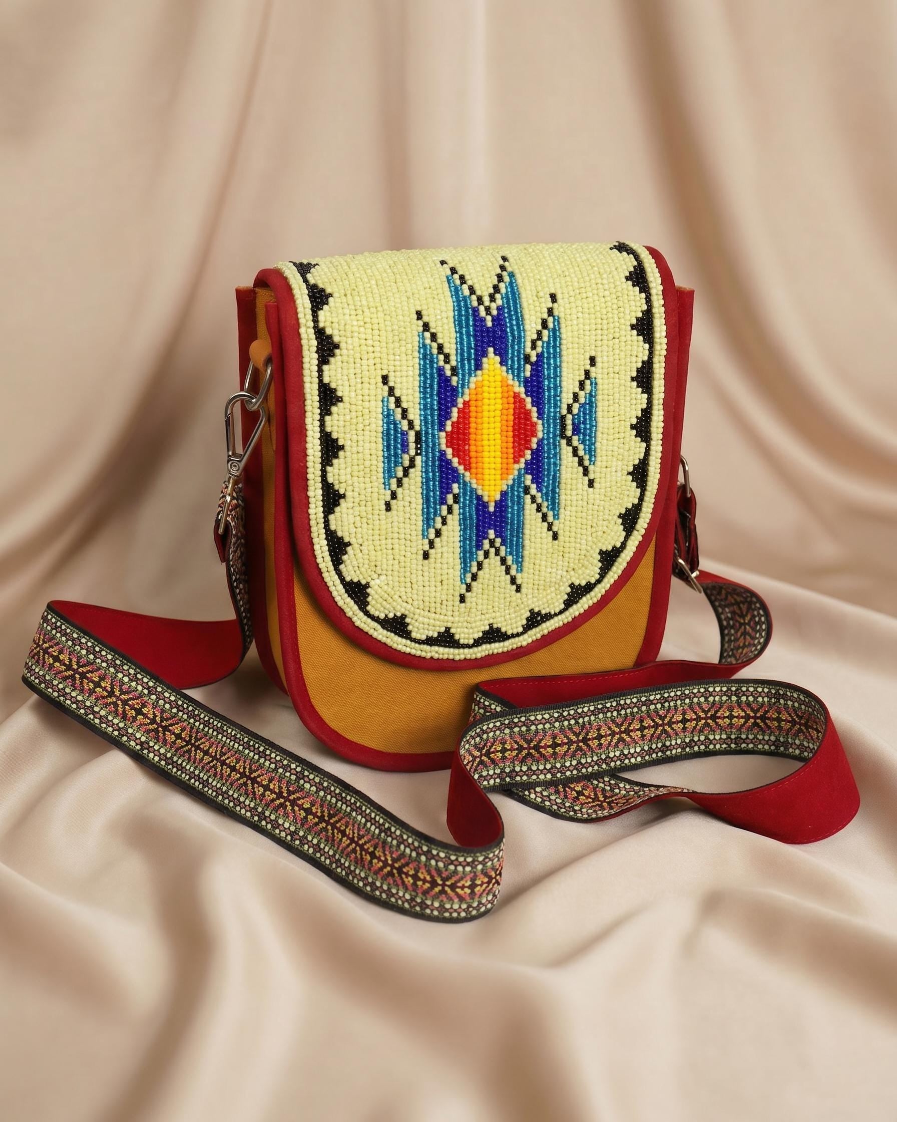 Beaded Crossbody Bag, Boho Handmade Unisex Canvas Sling Purse with Adjustable Strap
