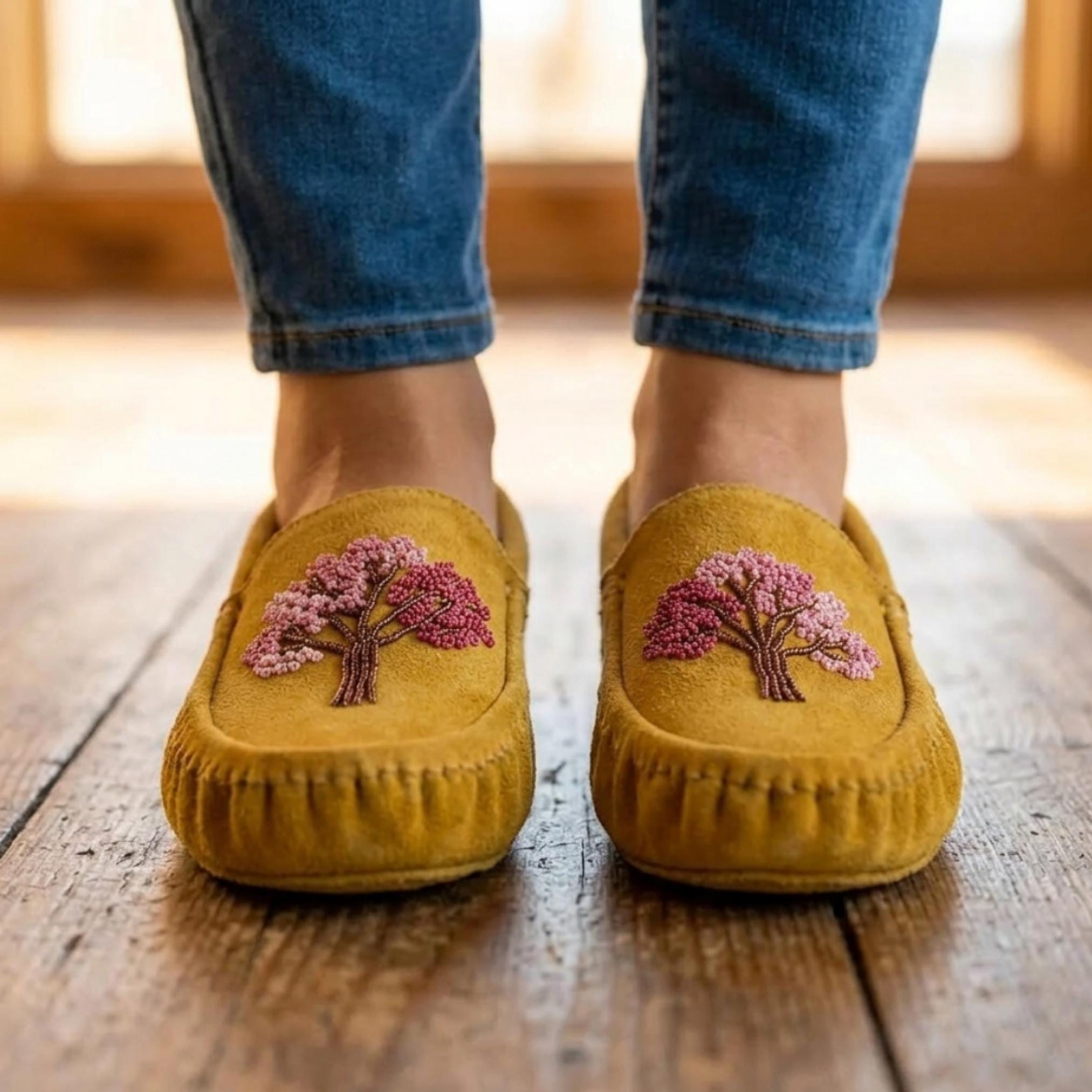 Weskara Hand Beaded Tree Moccasins Handmade Unique Soft Sole Slip on Shoes For Women