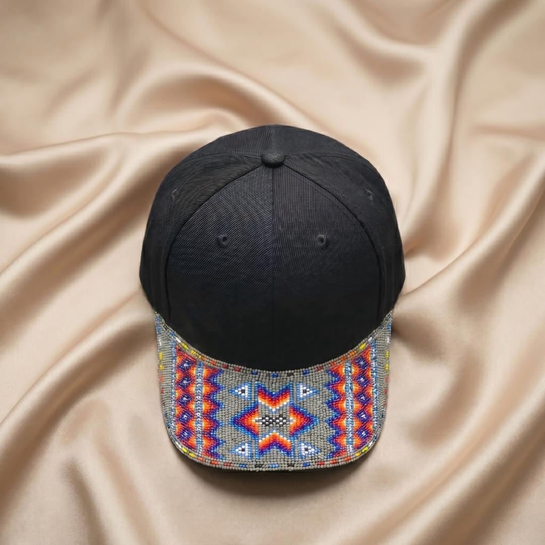 Geometric - Lime Green - Grey Beaded Baseball Cap - Handmade Native American Style Adjustable Unisex Cotton Hat For Men & Women