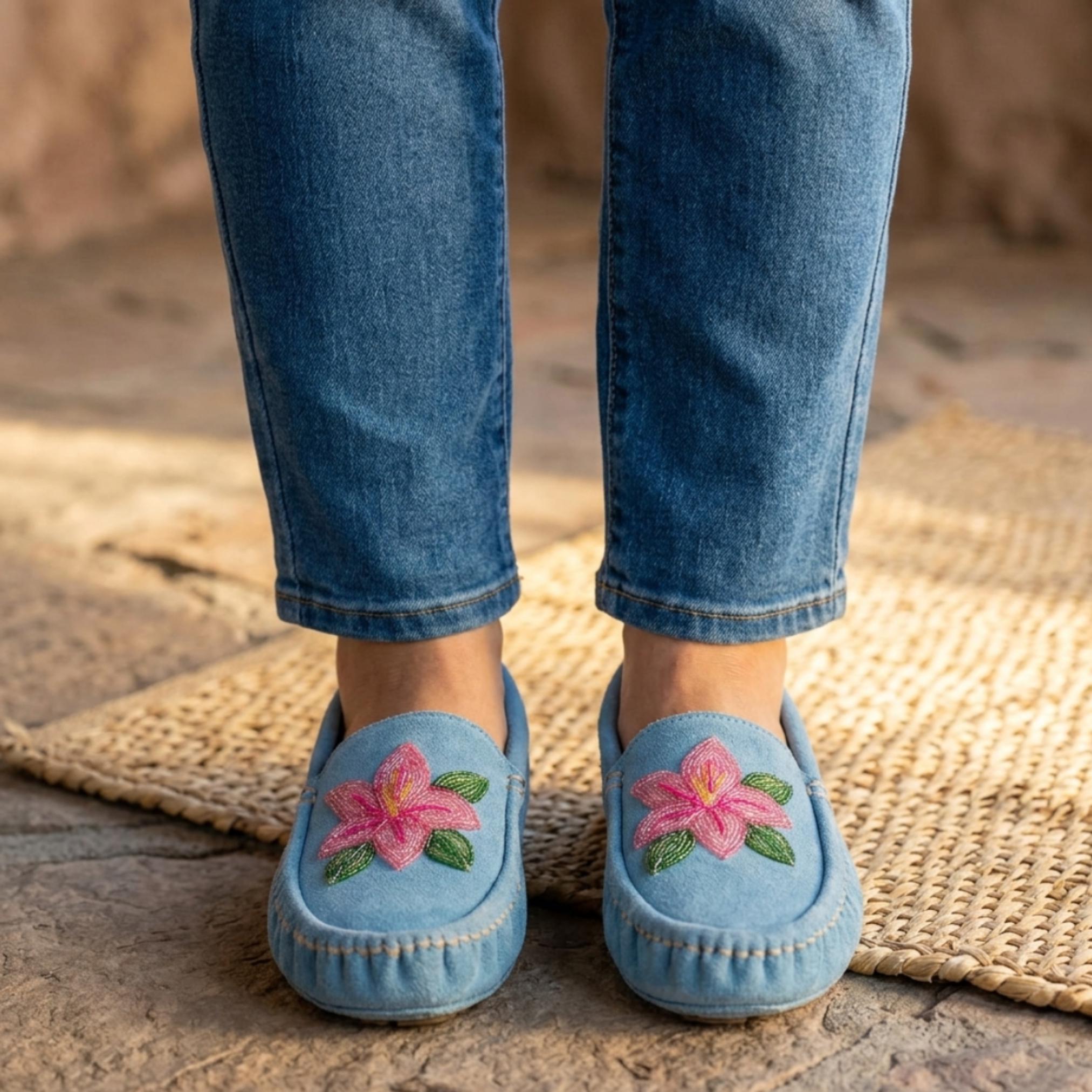 Blue Flower Beaded Moccasins. Handmade Unique Soft Sole Slip on Shoes For Women