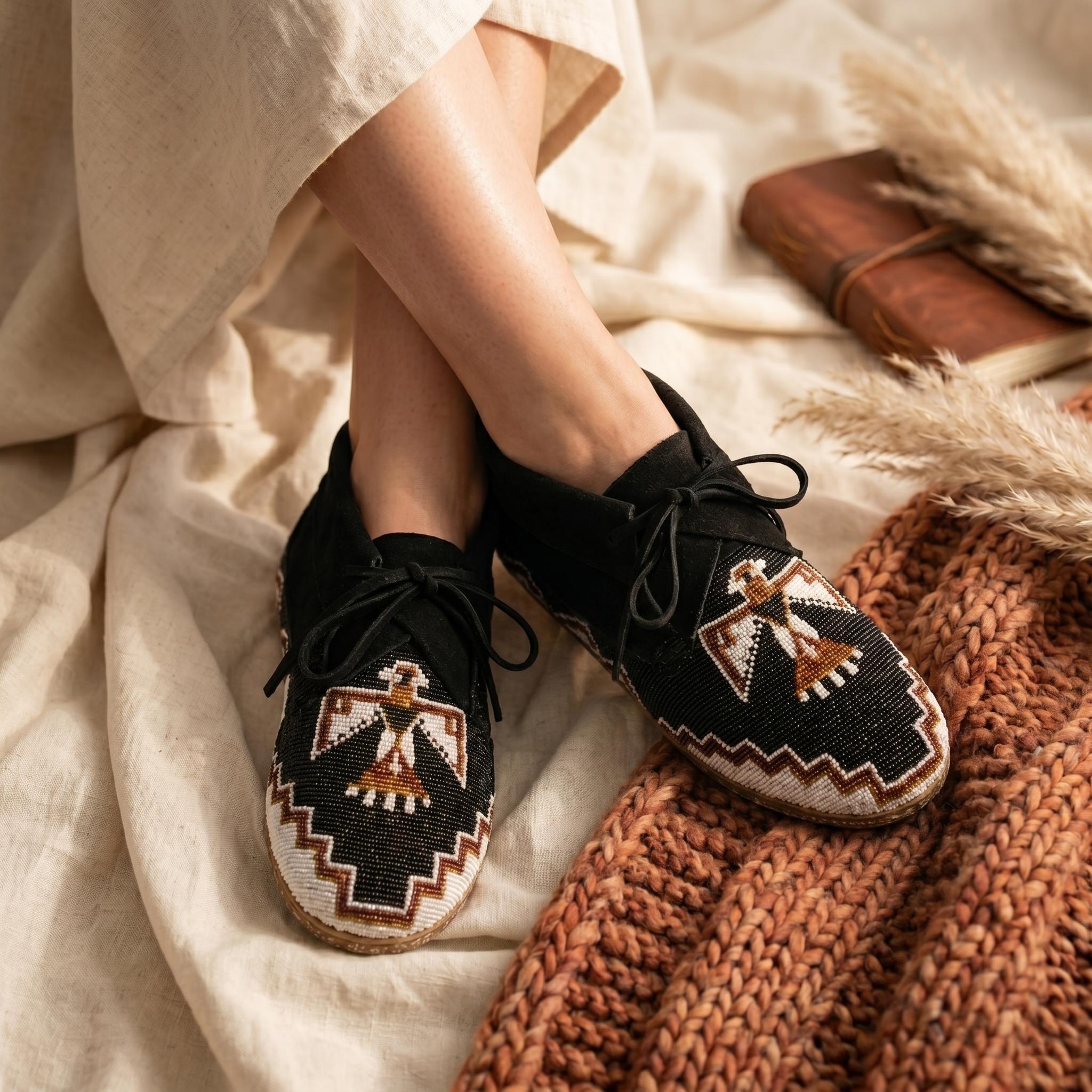 Outdoors Black Suede Beaded Moccasins. Authentic Lace Up Leather Shoes For Women