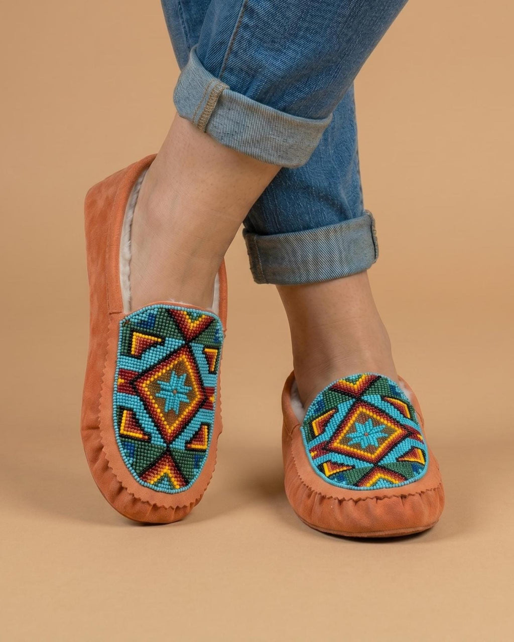 Peach Beaded Moccasins. Handmade Unique Soft Sole Slip on Shoes For Women