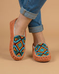 Peach Beaded Moccasins. Handmade Unique Soft Sole Slip on Shoes For Women