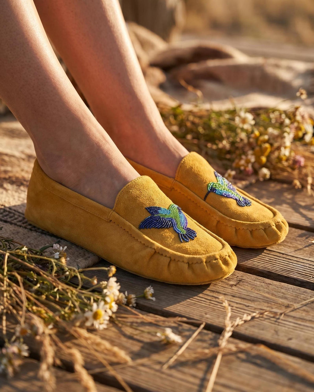 Hummingbird Beaded Leather Moccasins - Handmade Native American Style Shoes For Women. Suitable For Gifting