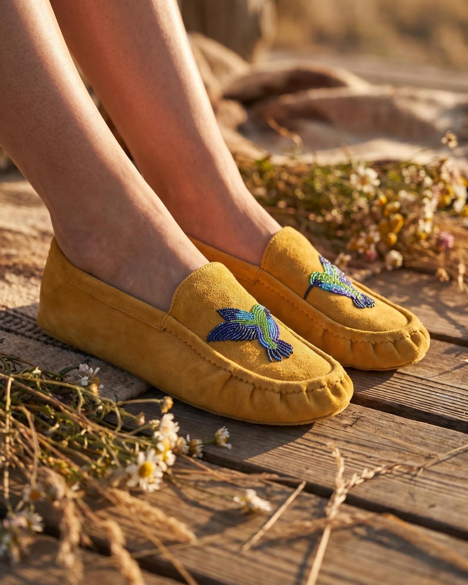 Hummingbird Beaded Leather Moccasins - Handmade Native American Style Shoes For Women. Suitable For Gifting