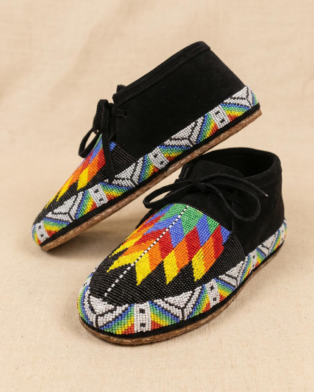 Rainbow Beaded Outdoors and Dancing Black Suede Moccasins. Artisan inspired Leather Lace-up Shoes For Women. Gift For Her.