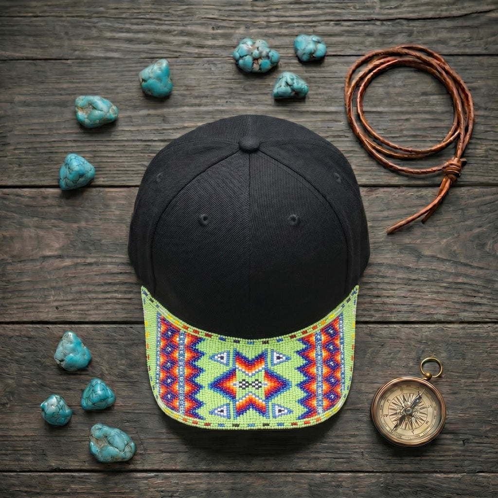 Geometric - Lime Green - Grey Beaded Baseball Cap - Handmade Native American Style Adjustable Unisex Cotton Hat For Men & Women