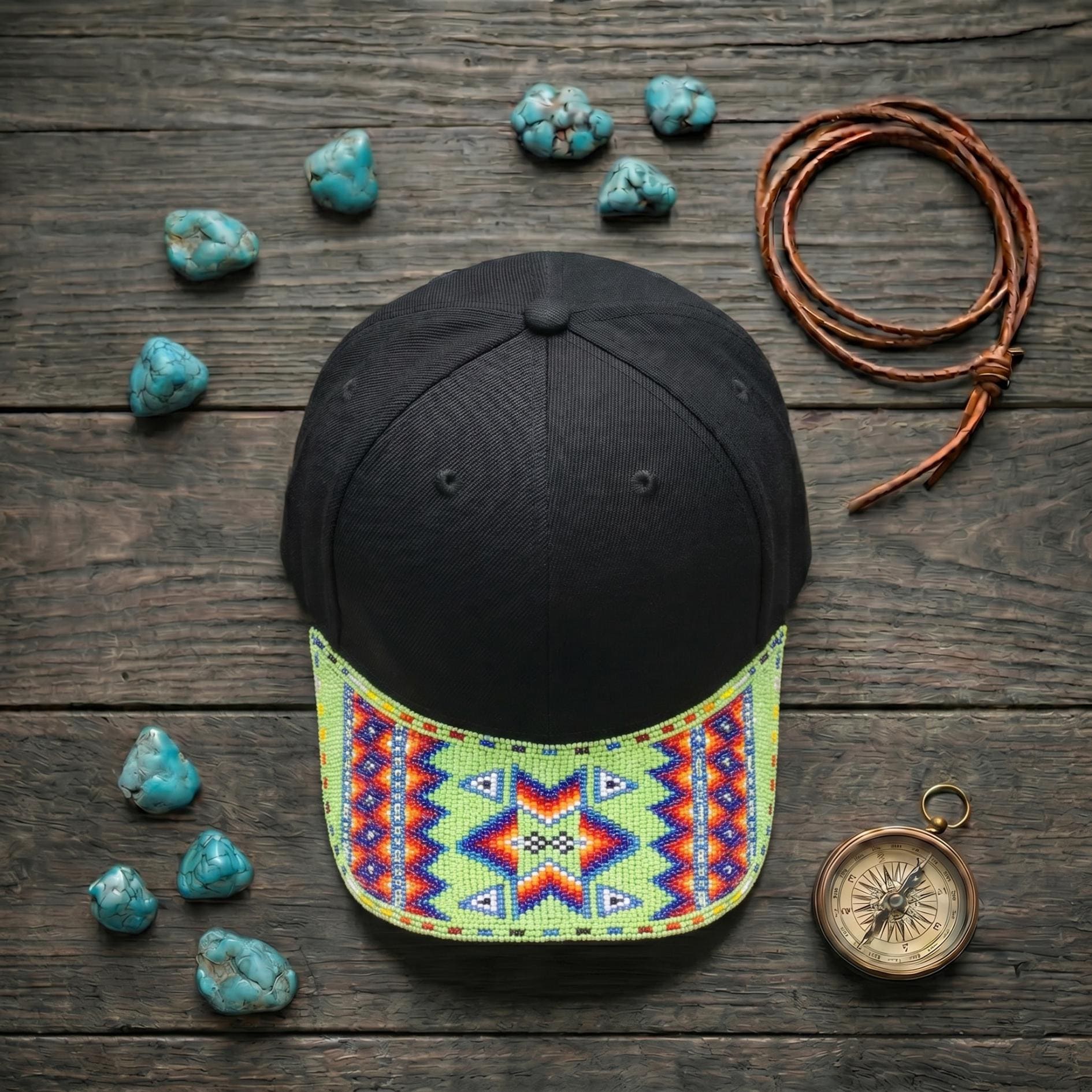 Geometric - Lime Green - Grey Beaded Baseball Cap - Handmade Native American Style Adjustable Unisex Cotton Hat For Men & Women