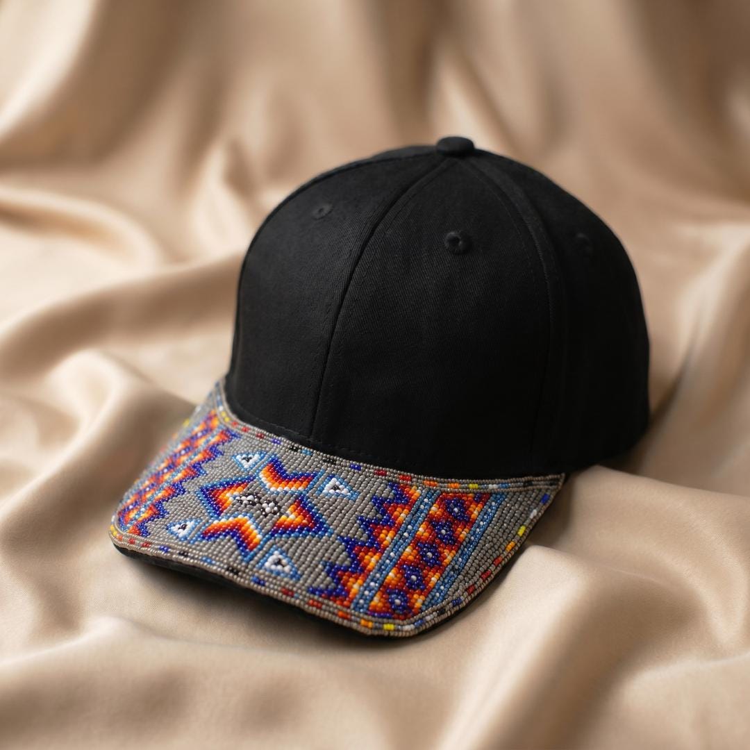Geometric - Lime Green - Grey Beaded Baseball Cap - Handmade Native American Style Adjustable Unisex Cotton Hat For Men & Women