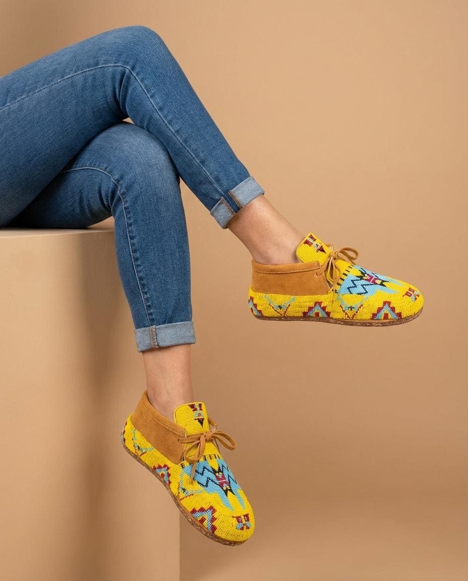 Yellow and Blue Beaded Lace-Up Moccasins for Women