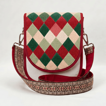 Festive Argyle Hand Beaded Canvas Crossbody Bag – Cream