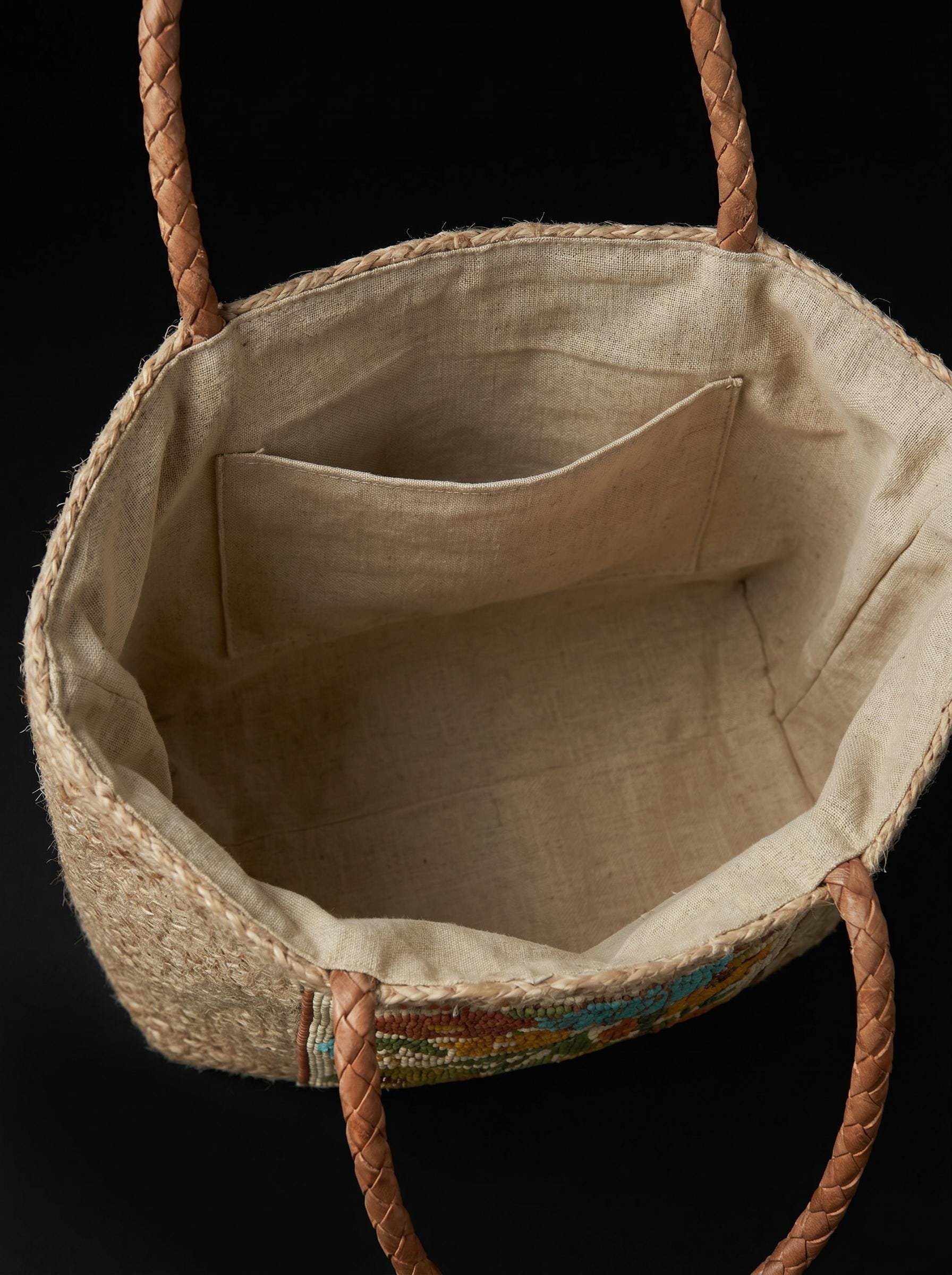 Handmade Floral Jute Tote Bag. Beaded Large Artisan Stylish Fashion Handbag For Women