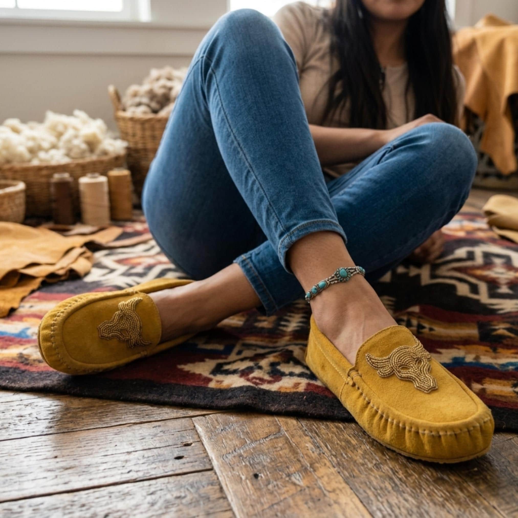 Bull Beaded Leather Moccasins - Handmade Native American Style Shoes For Women. Suitable For Gifting