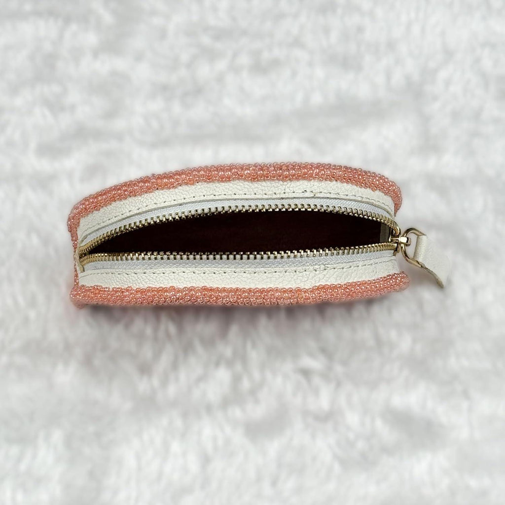 Handmade Coin Purse. Peach Beaded Hand Pouch For Essentials.