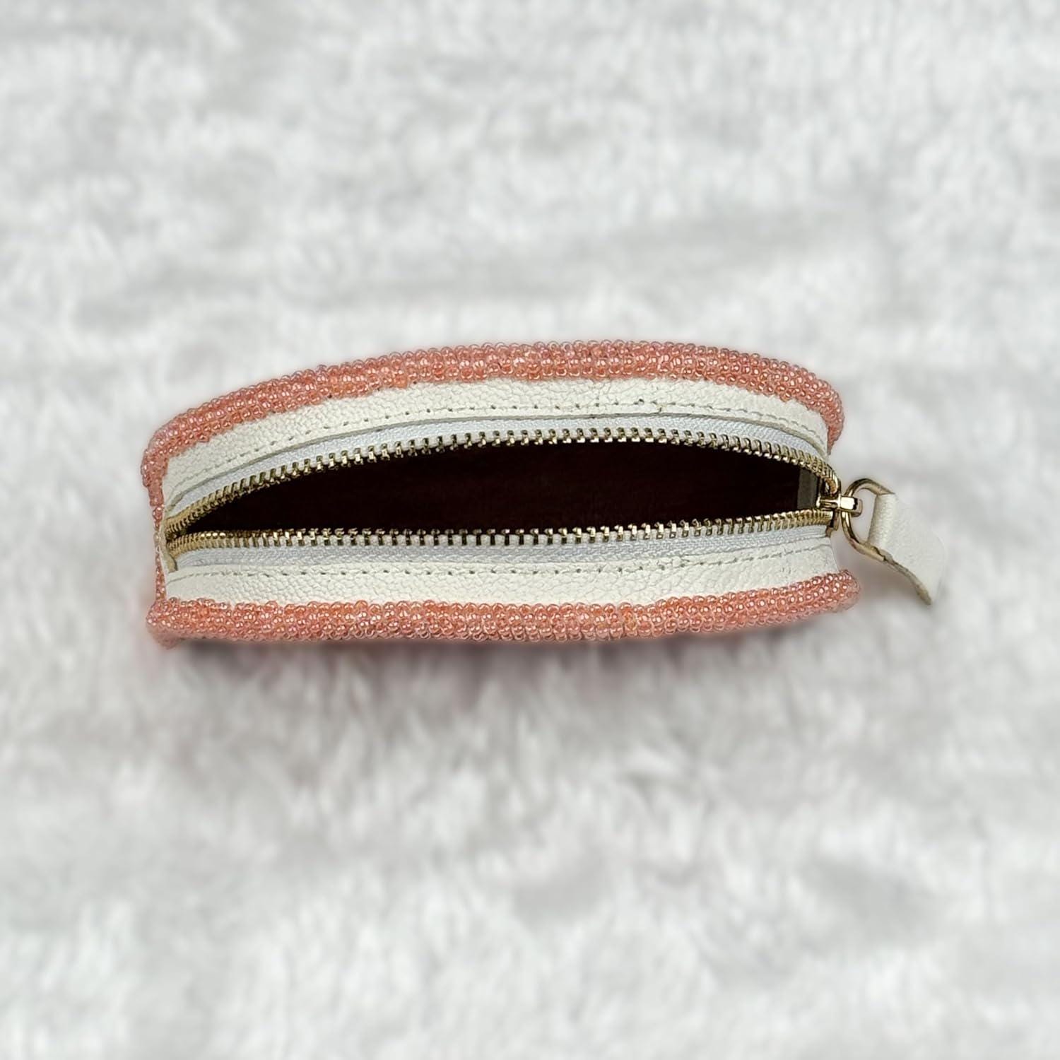 Handmade Coin Purse. Peach Beaded Hand Pouch For Essentials.