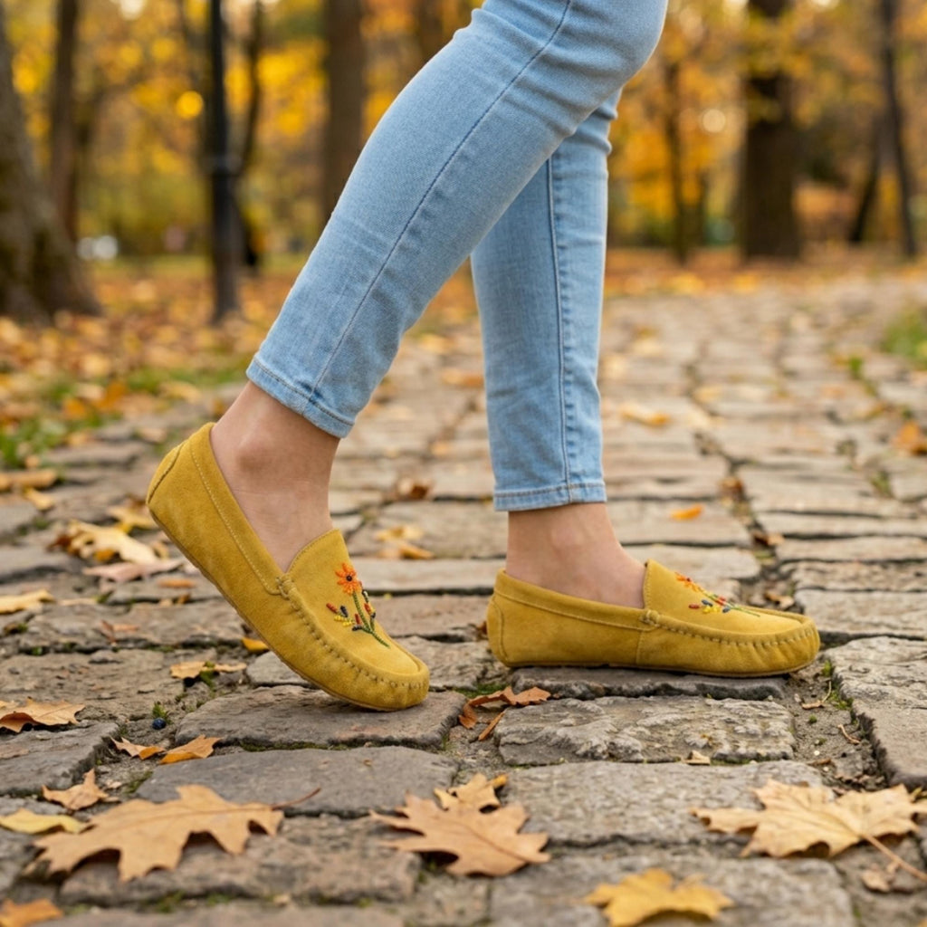 Orange Beaded Handmade Yellow Suede Moccasins - Stylish Modern Flower Design Leather Loafers.