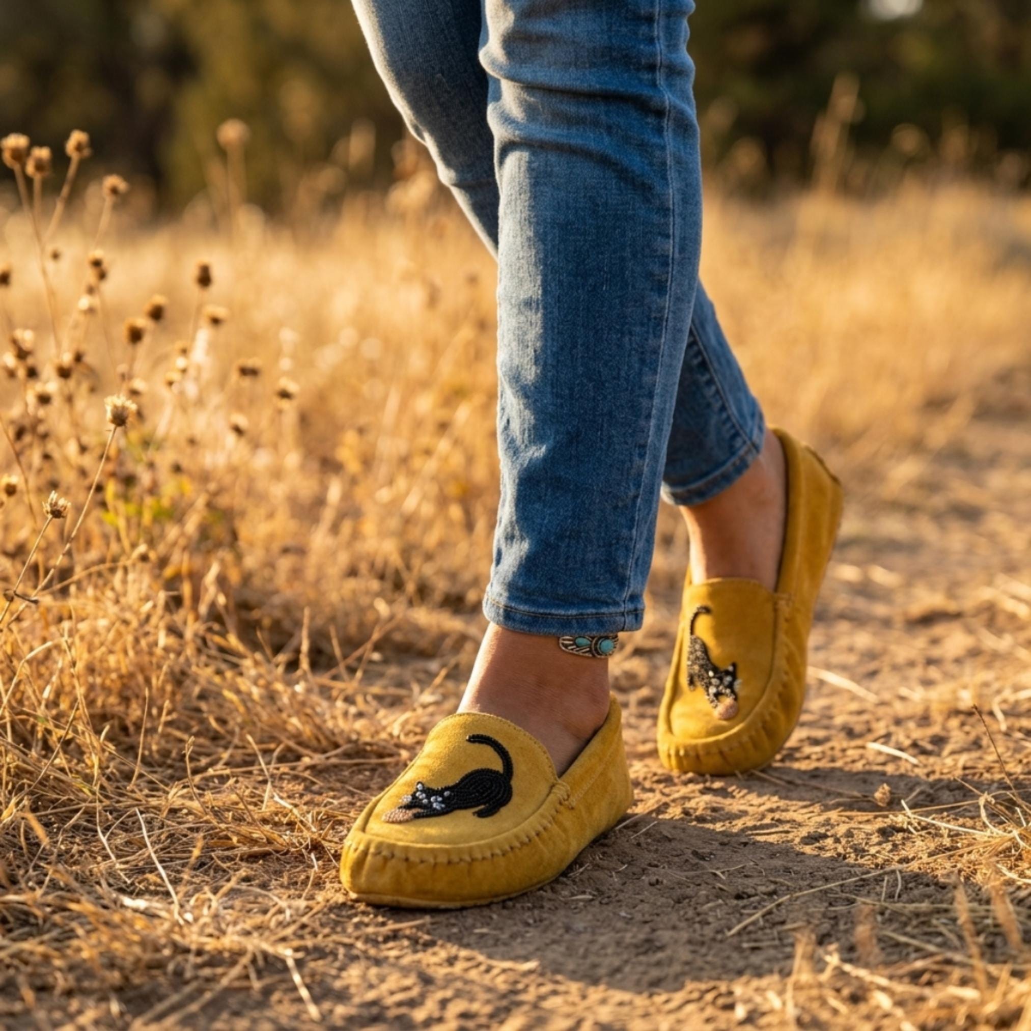 Yellow Cat Beaded Moccasins. Handmade Unique Soft Sole Slip on Shoes For Women