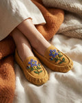 Purple Flower Beaded Handmade Yellow Suede Moccasins - Stylish Modern Beaded Leather Loafers.