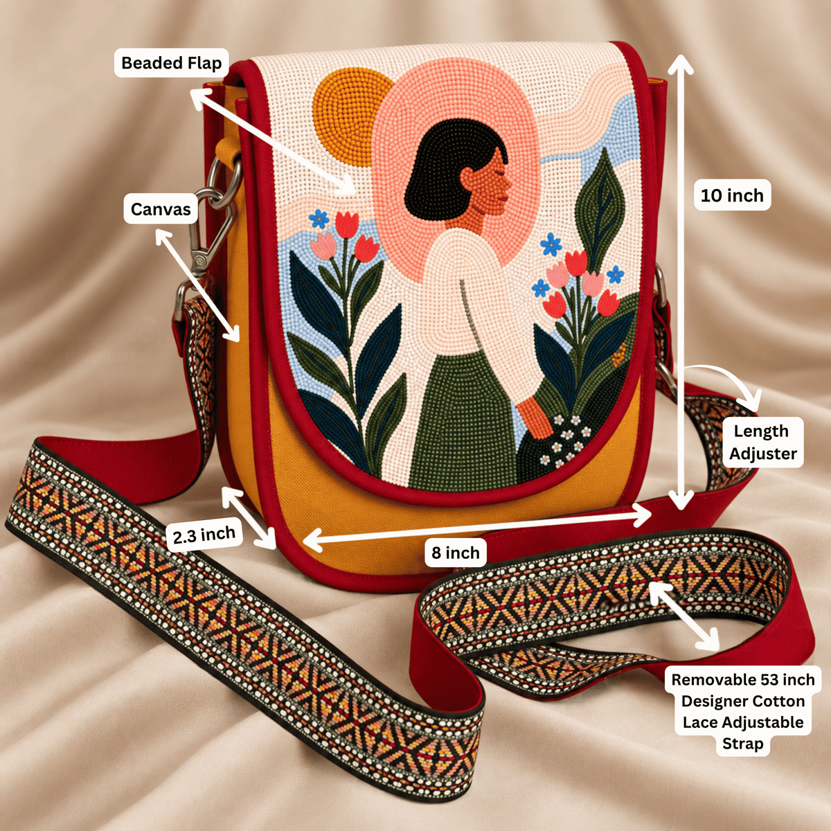 Garden Woman Portrait Hand Beaded Canvas Crossbody Bag – Mustard
