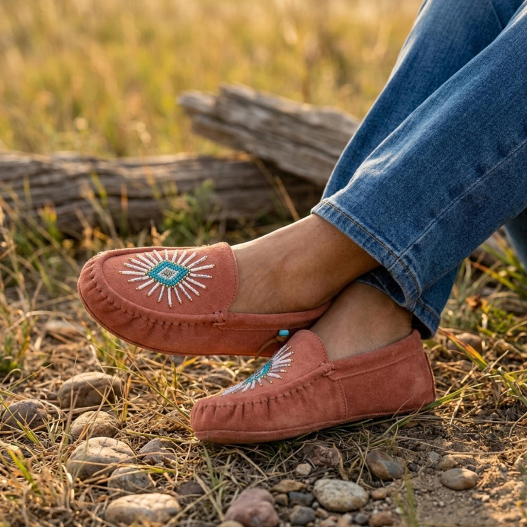 Peach Beaded Moccasins Handmade Unique Soft Sole Slip on Shoes For Women
