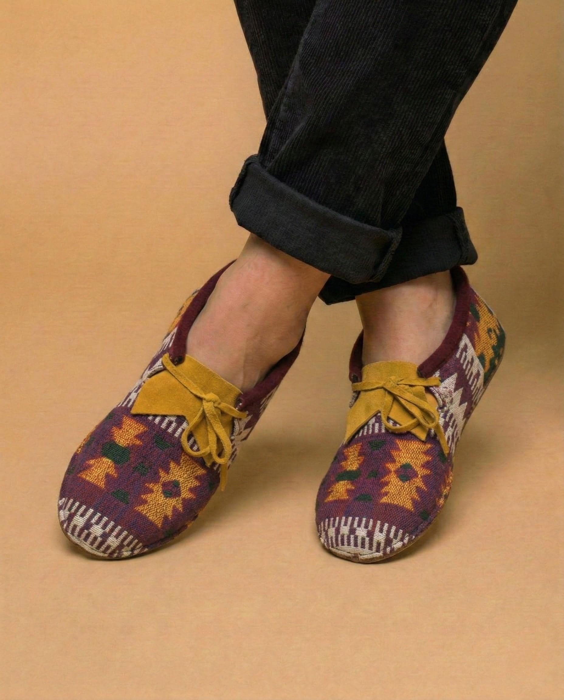 Handmade Leather and Jacquard Fabric Moccasins For Women. Suitable For Outdoor Wear. Gift For Her