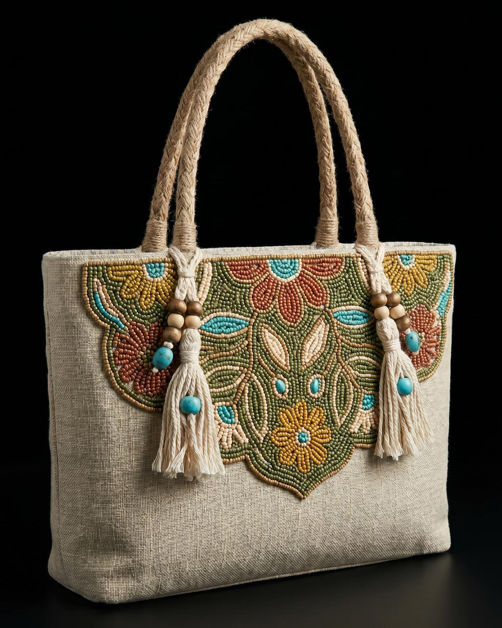 Handmade Floral Canvas Tote Bag. Beaded Large Artisan Summer Handbag