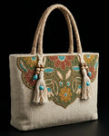 Handmade Floral Canvas Tote Bag. Beaded Large Artisan Summer Handbag