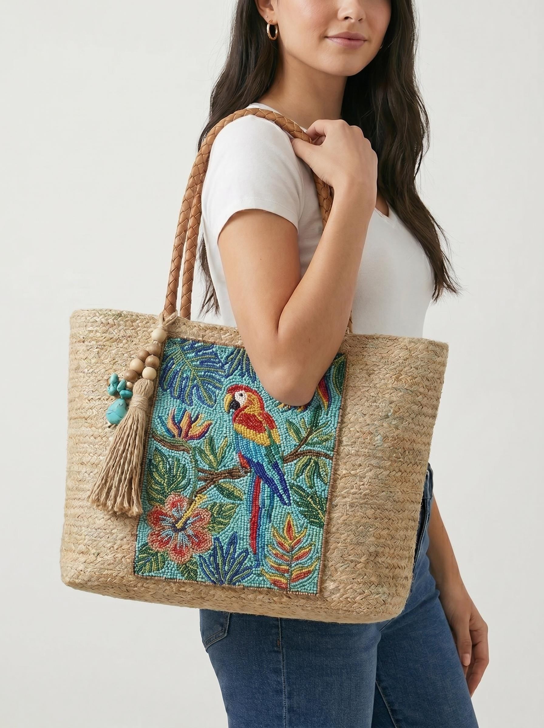 Handmade Parrot Jute Tote Bag. Beaded Large Artisan Stylish Fashion Handbag For Women
