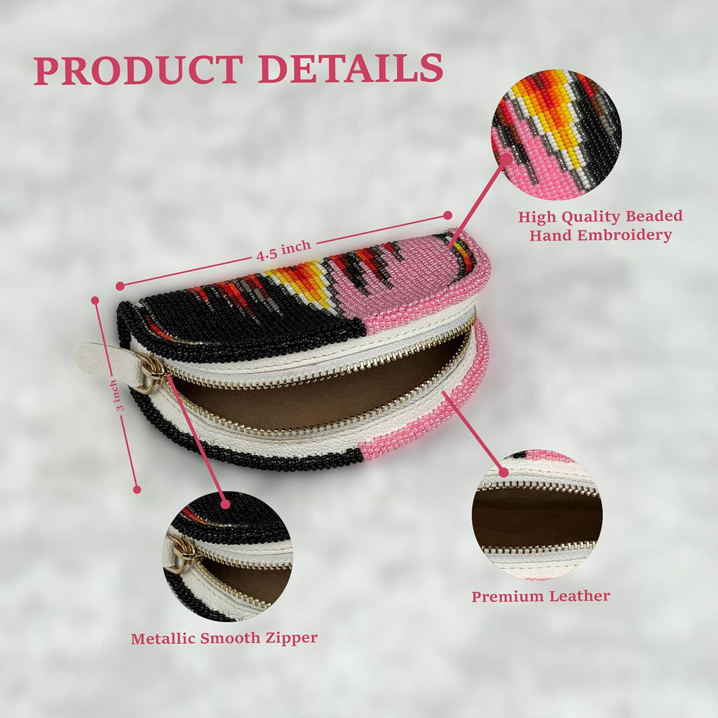 Handmade Coin Purse. Pink & Black Beaded Hand Pouch For Essentials.