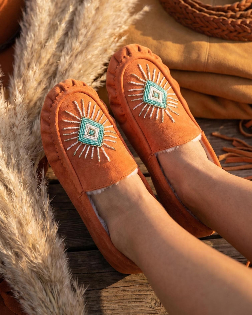 Peach Beaded Moccasins Handmade Unique Soft Sole Slip on Shoes For Women