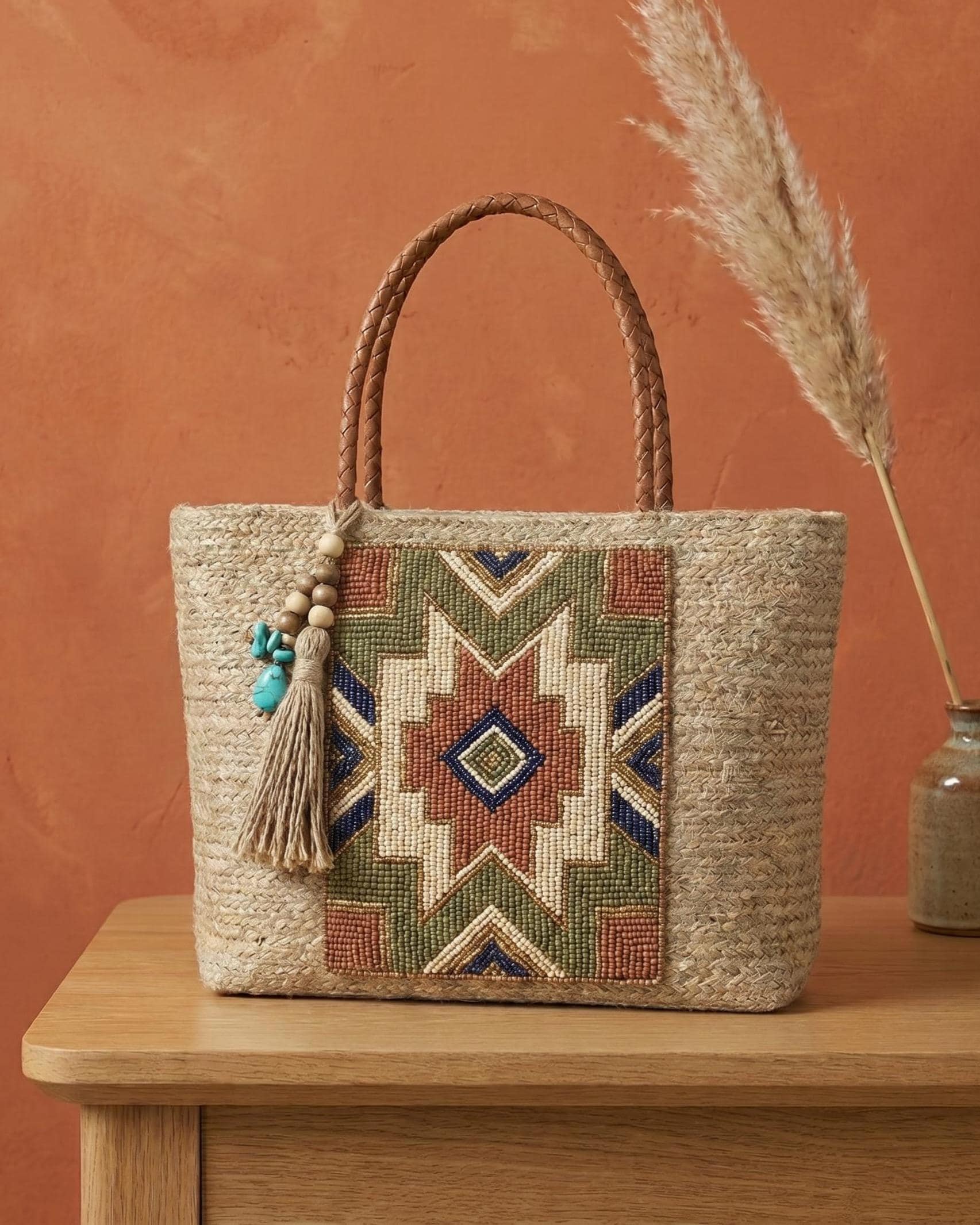 Handmade Floral Jute Tote Bag. Beaded Large Artisan Stylish Fashion Handbag For Women