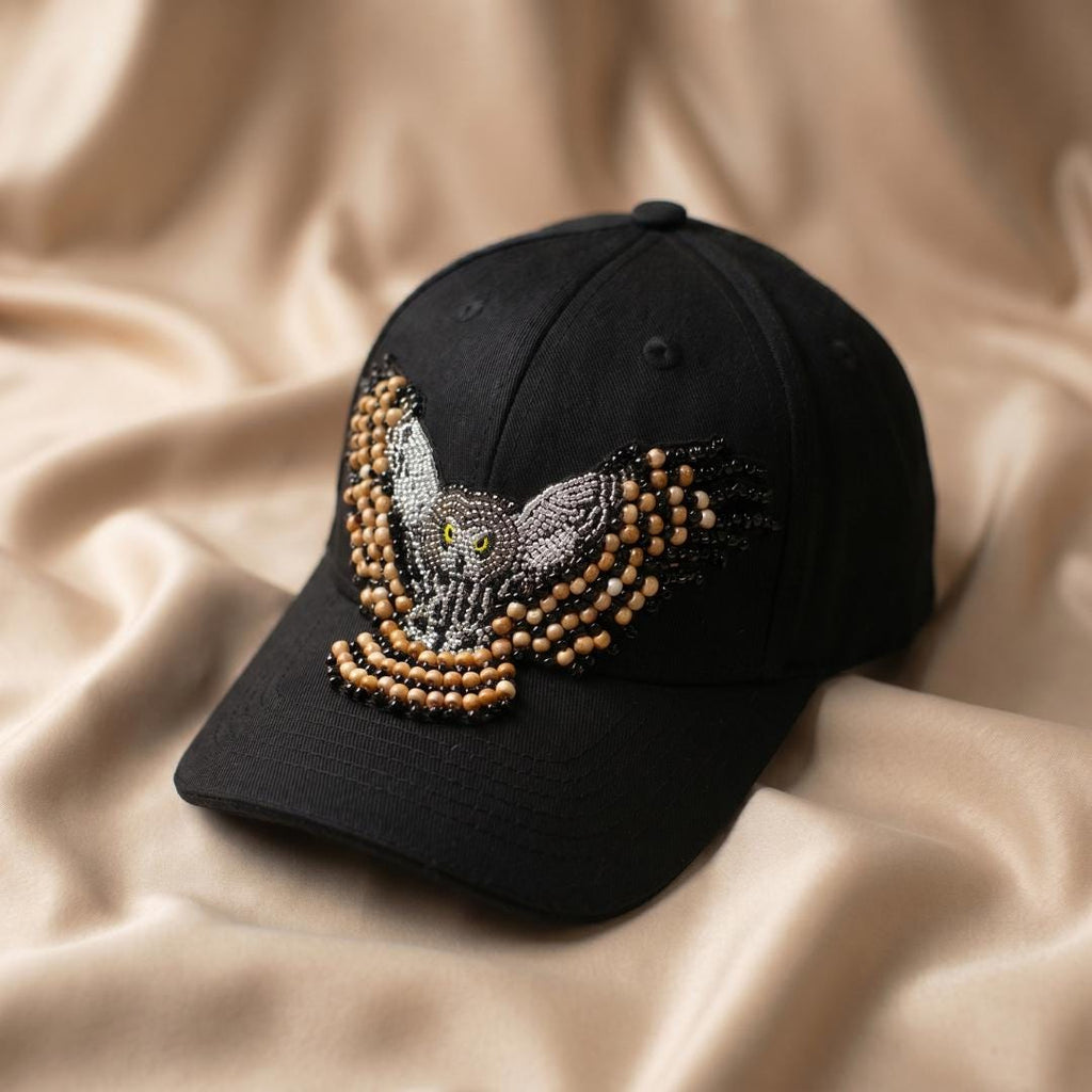 Snowy Owl Spirit Beaded Baseball Cap - Handmade Native American Style Adjustable Unisex Cotton Hat For Men & Women