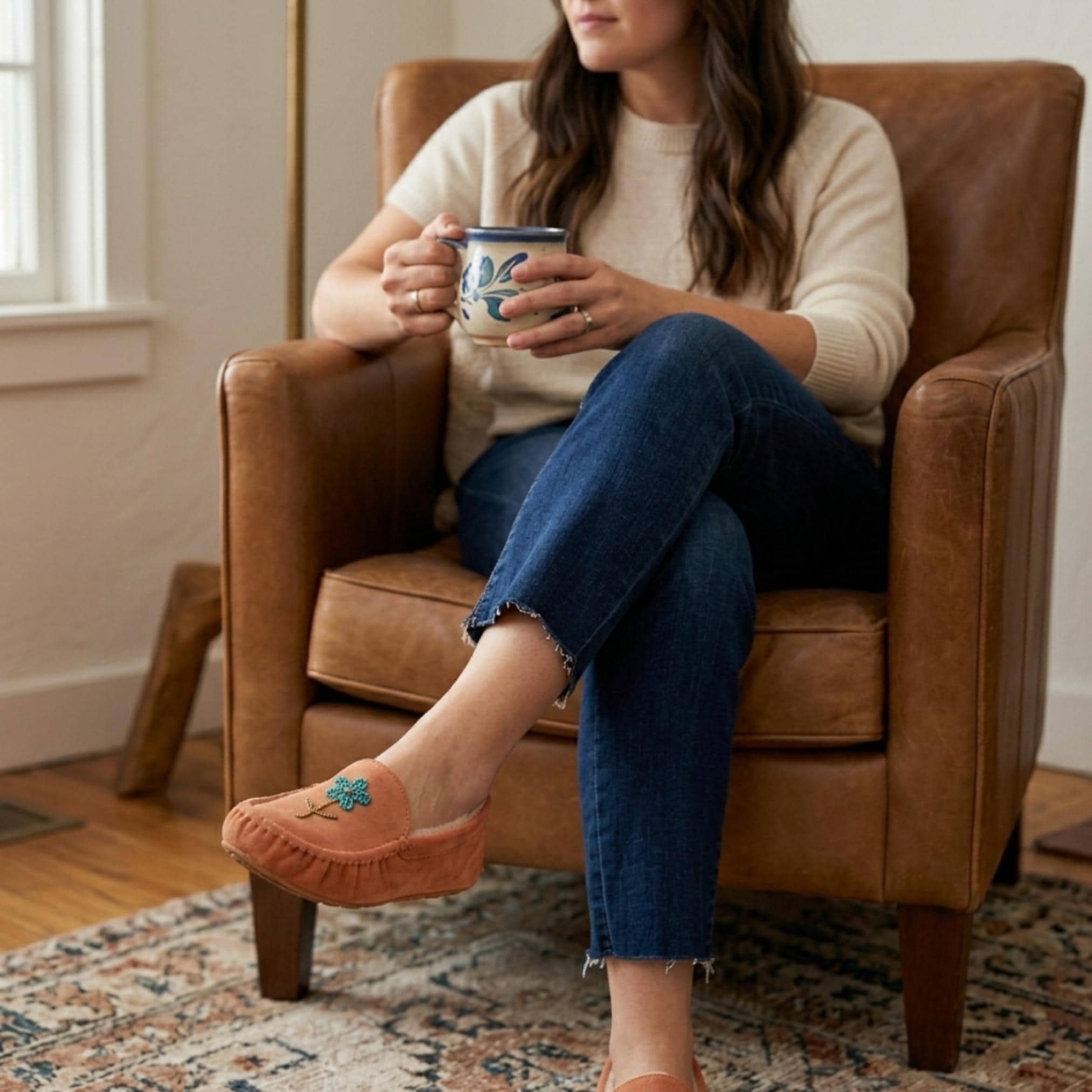 Peach Beaded Flower Moccasins. Handmade Unique Soft Sole Slip on Shoes For Women