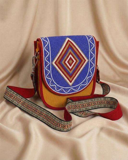 Nested Diamond Beaded Blue Canvas Crossbody Bag