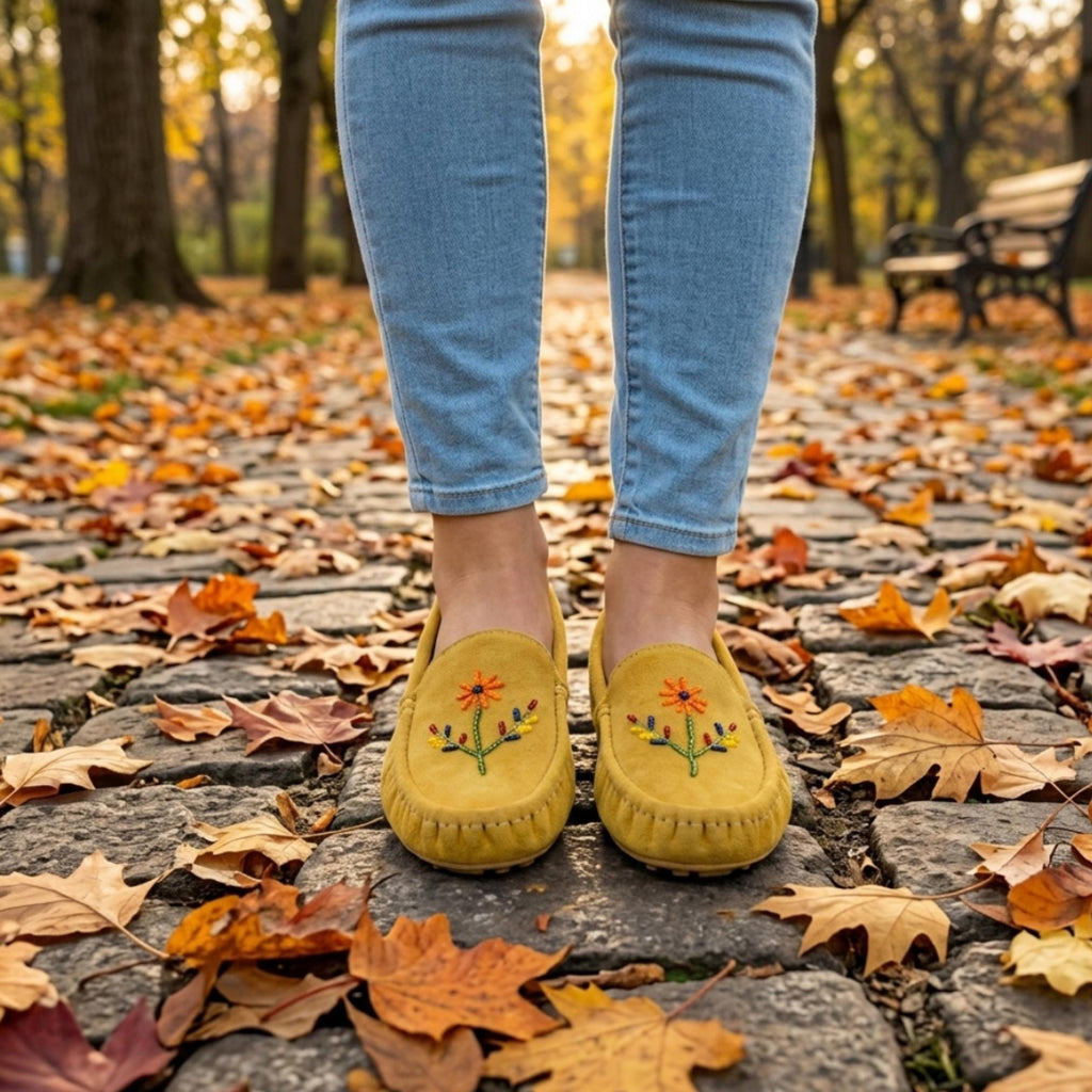 Orange Beaded Handmade Yellow Suede Moccasins - Stylish Modern Flower Design Leather Loafers.