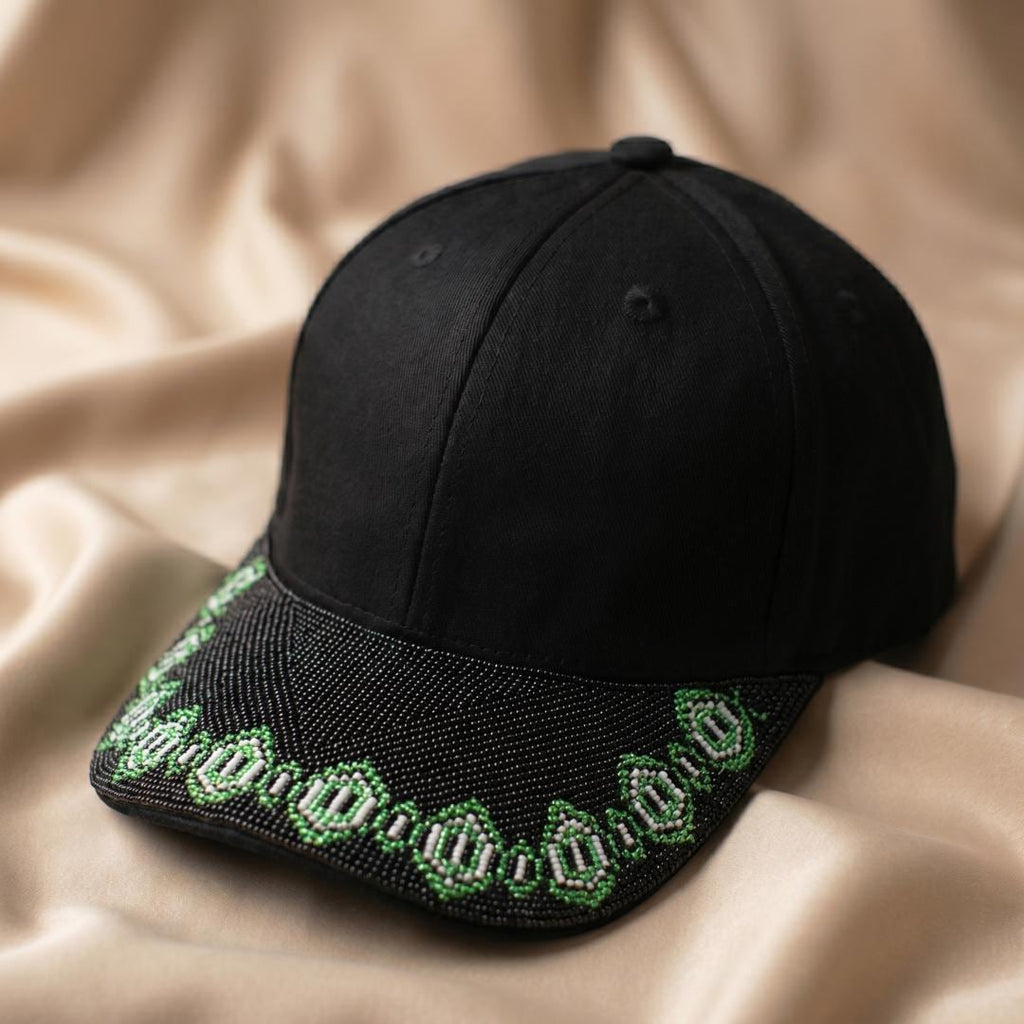 Emerald Chain Brim - Beaded Baseball Cap, Handmade Native American Style, Adjustable Unisex Cotton Hat For Men & Women