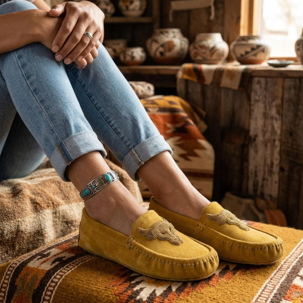 Bull Beaded Leather Moccasins - Handmade Native American Style Shoes For Women. Suitable For Gifting