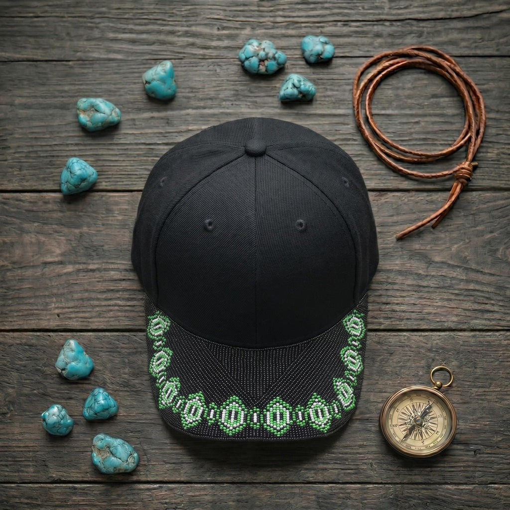 Emerald Chain Brim - Beaded Baseball Cap, Handmade Native American Style, Adjustable Unisex Cotton Hat For Men & Women