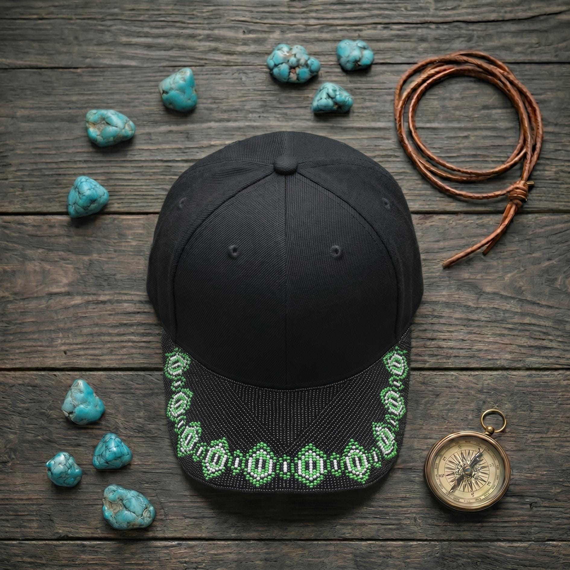 Emerald Chain Brim - Beaded Baseball Cap, Handmade Native American Style, Adjustable Unisex Cotton Hat For Men & Women