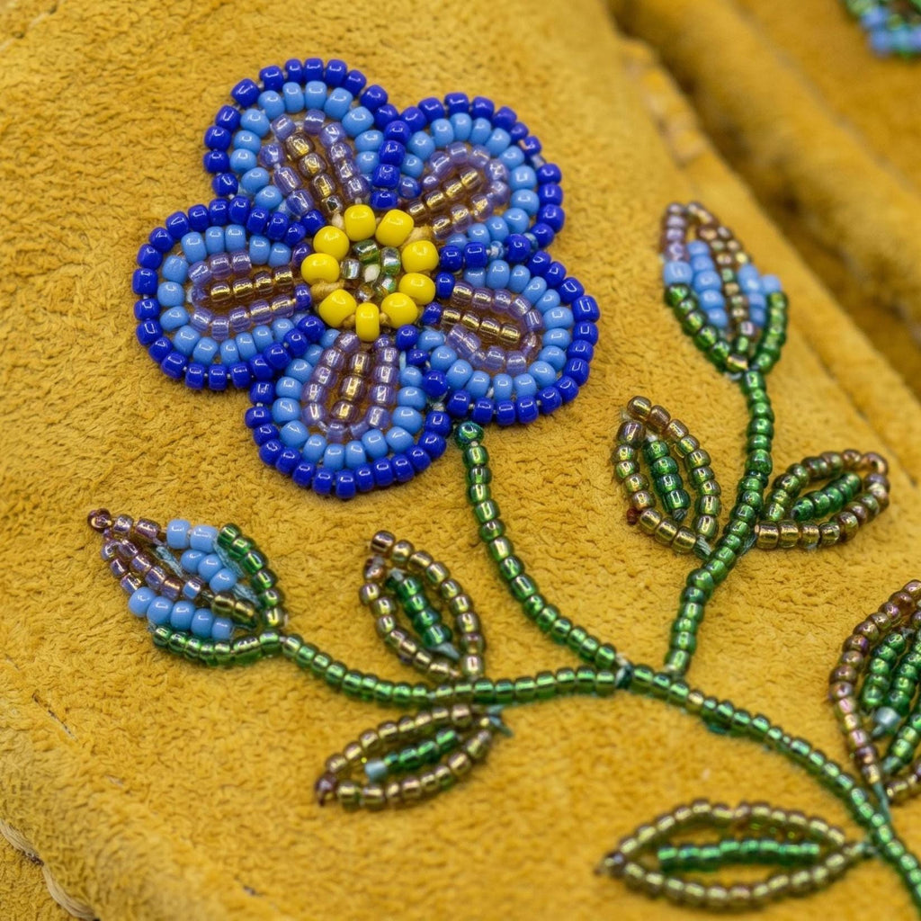 Purple Flower Beaded Handmade Yellow Suede Moccasins - Stylish Modern Beaded Leather Loafers.